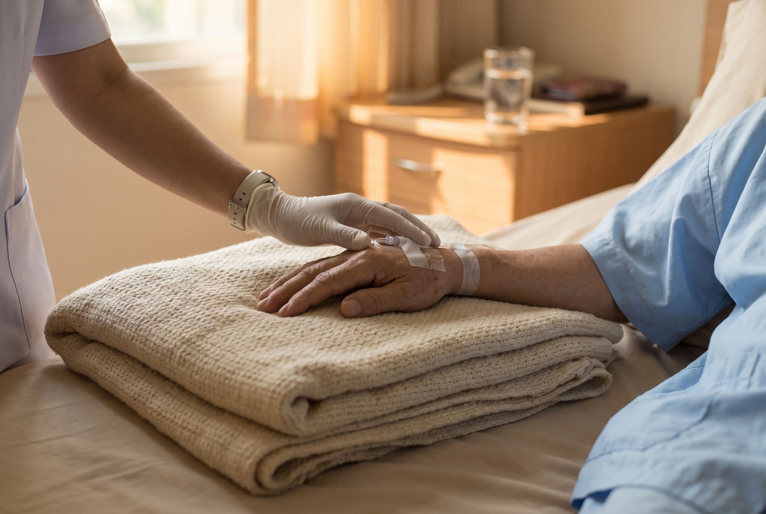Medicinska sestra proverava puls pacijenta tokom mirovanja posle zahvata